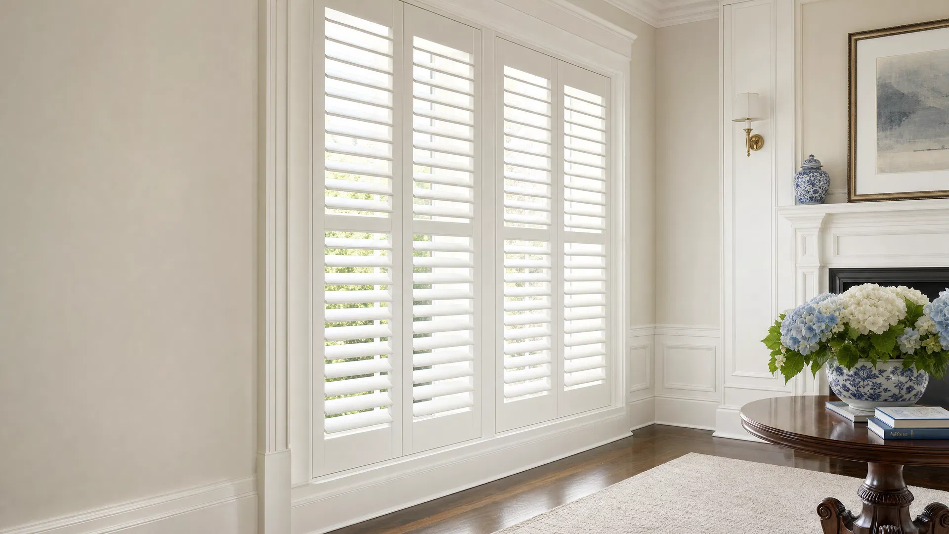 Bright white room with custom Softedge plantation shutters casting refined light patterns