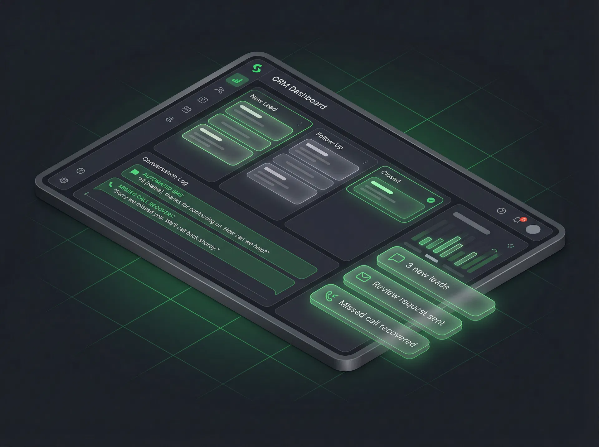 CRM automation dashboard showing missed call recovery and lead pipeline