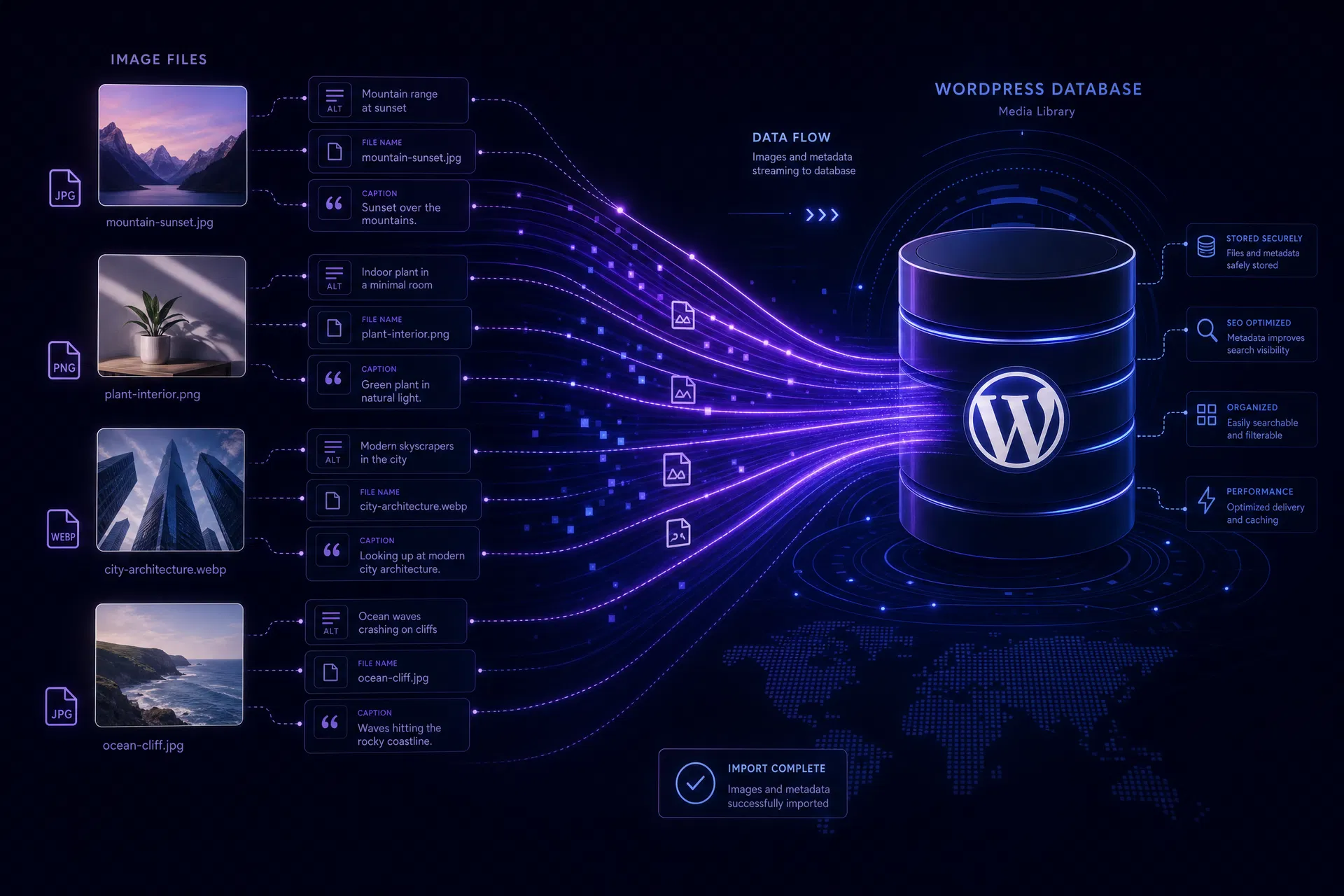 Data flowing from image files into WordPress database with SEO metadata