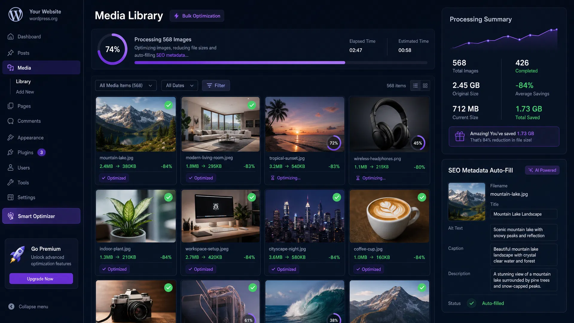 WordPress media library with hundreds of images being bulk optimised with AI SEO metadata