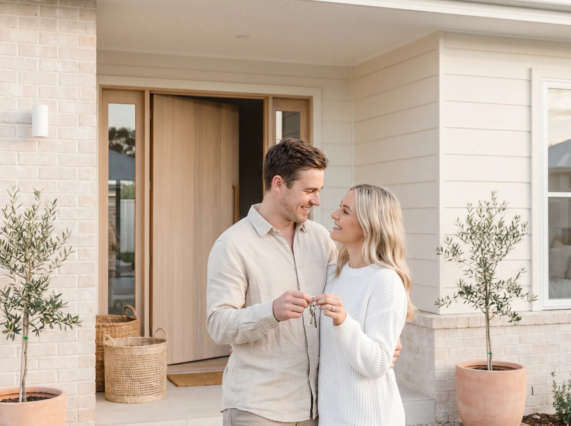 Young couple at the front door of their new home