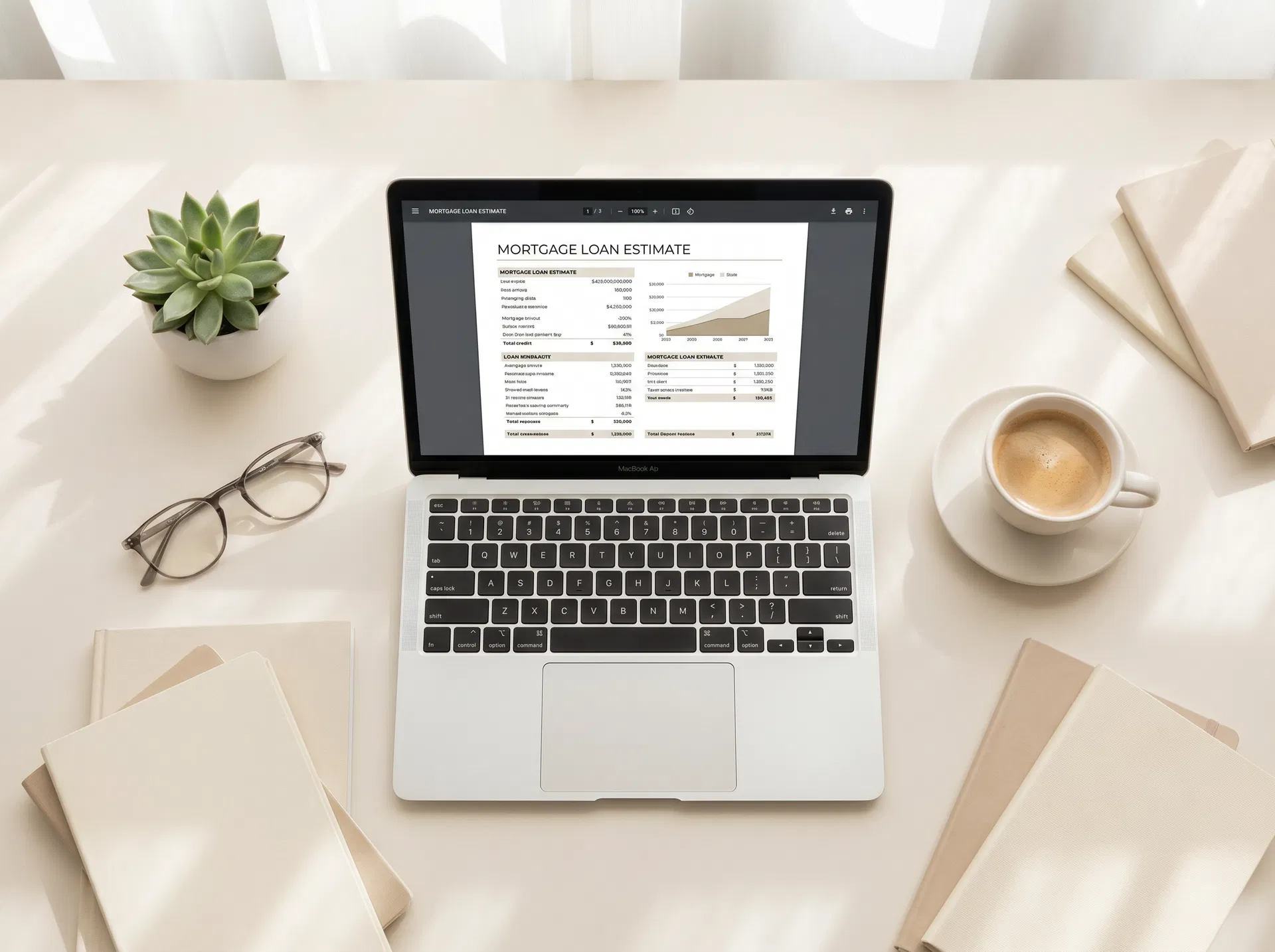 Mortgage documents on a clean desk with coffee
