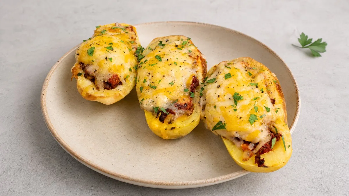 Kartoffelboote mit Hackfleischsoße und Bechamel