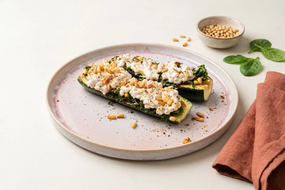 Hüttenkäse Zucchini-Schiffe aus der Pfanne