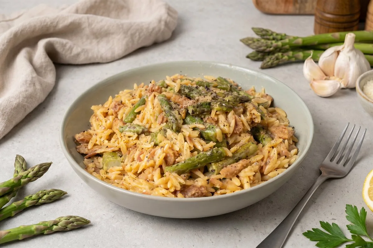 Spargel One Pot Orzo mit veganem Schinken