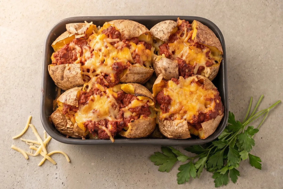 Gebackene Ofenkartoffel mit Bolognese-Füllung
