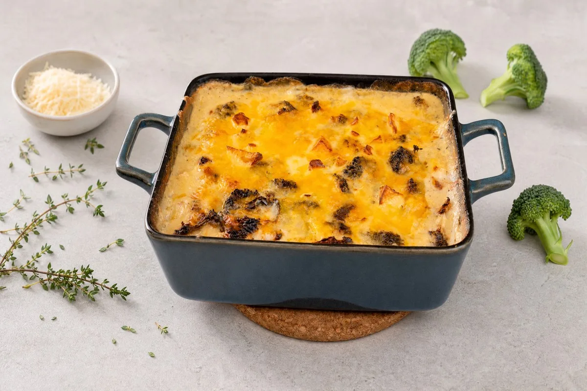Cremiger veganer Kartoffel-Brokkoli-Auflauf