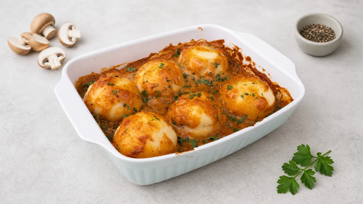 Knödel Auflauf mit Champignon-Rahmsoße
