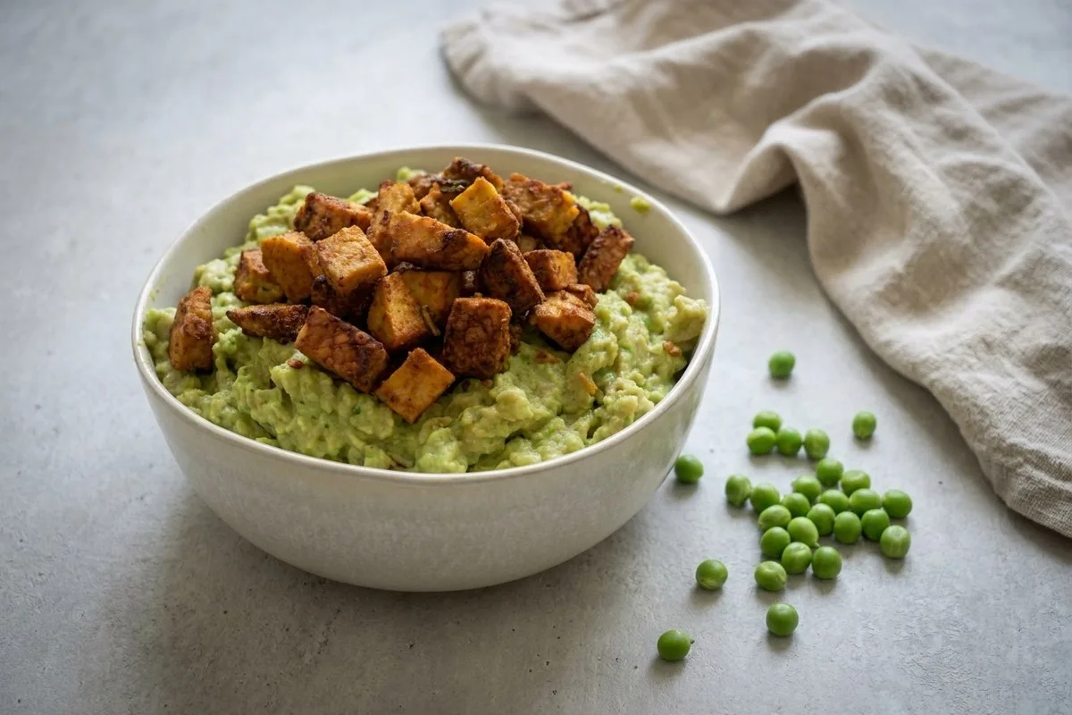 Linsen-Nudeln mit Knoblauch-Erbsen-Sauce und Tempeh