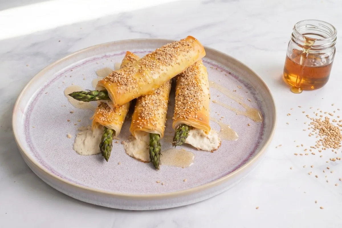 Herzhafter Spargel im Filoteig mit Veta und Agavendicksaft