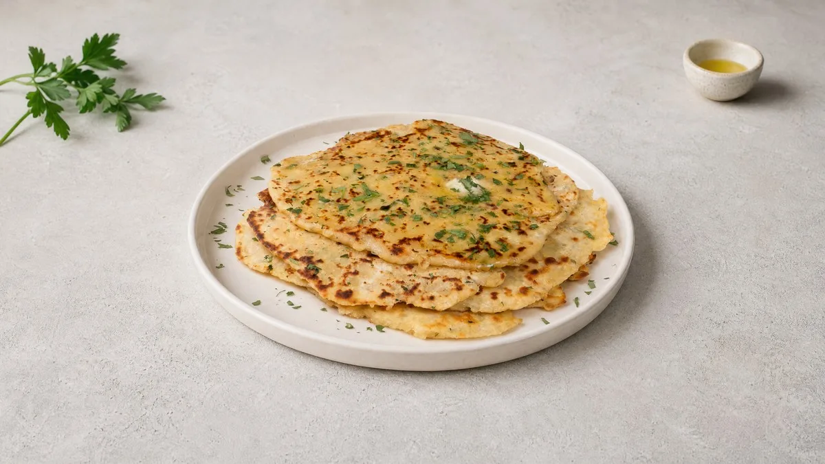 Weiches Kartoffel-Fladenbrot mit frischen Kräutern und veganem Käse