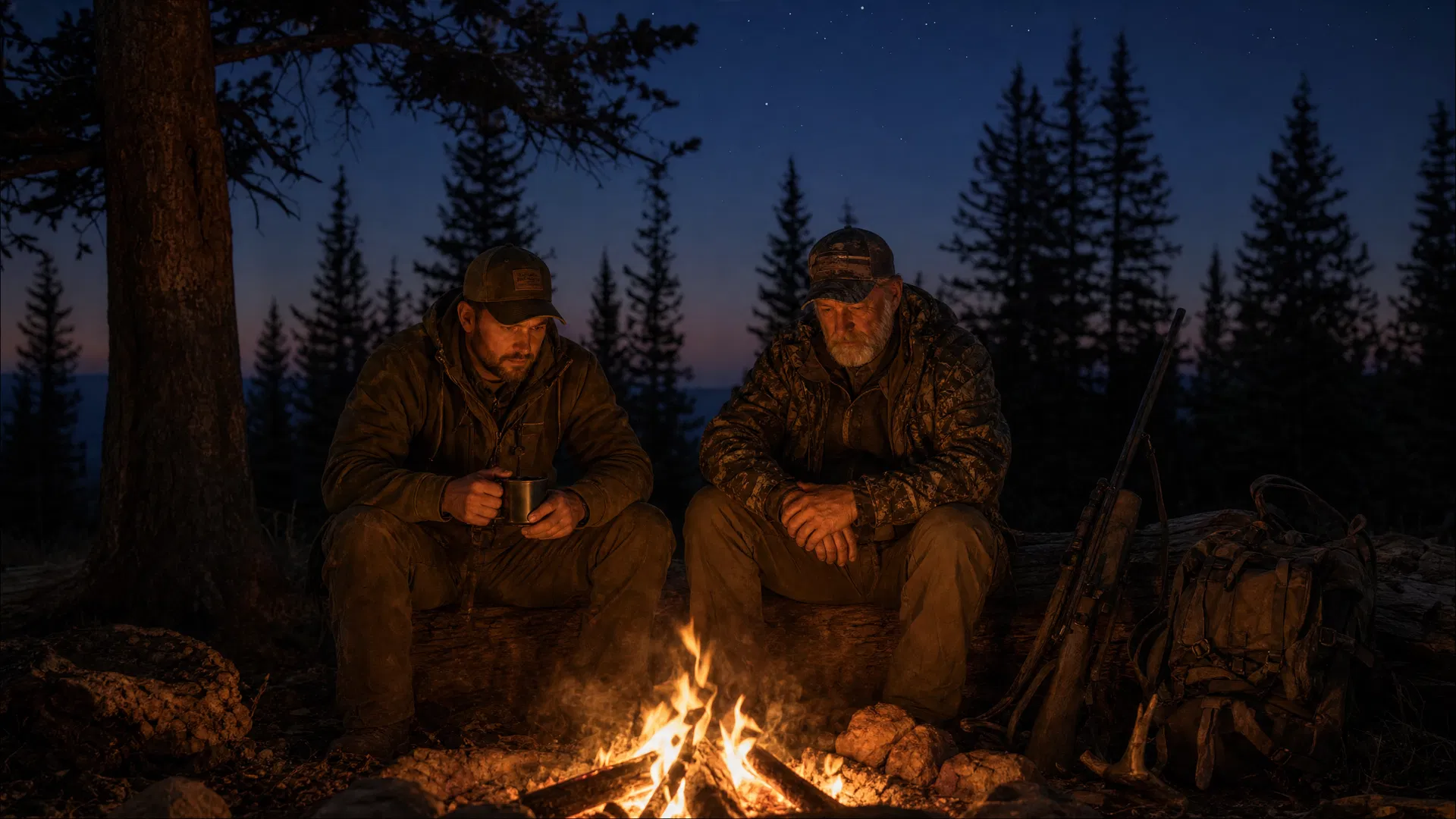 Two hunters around a campfire at night