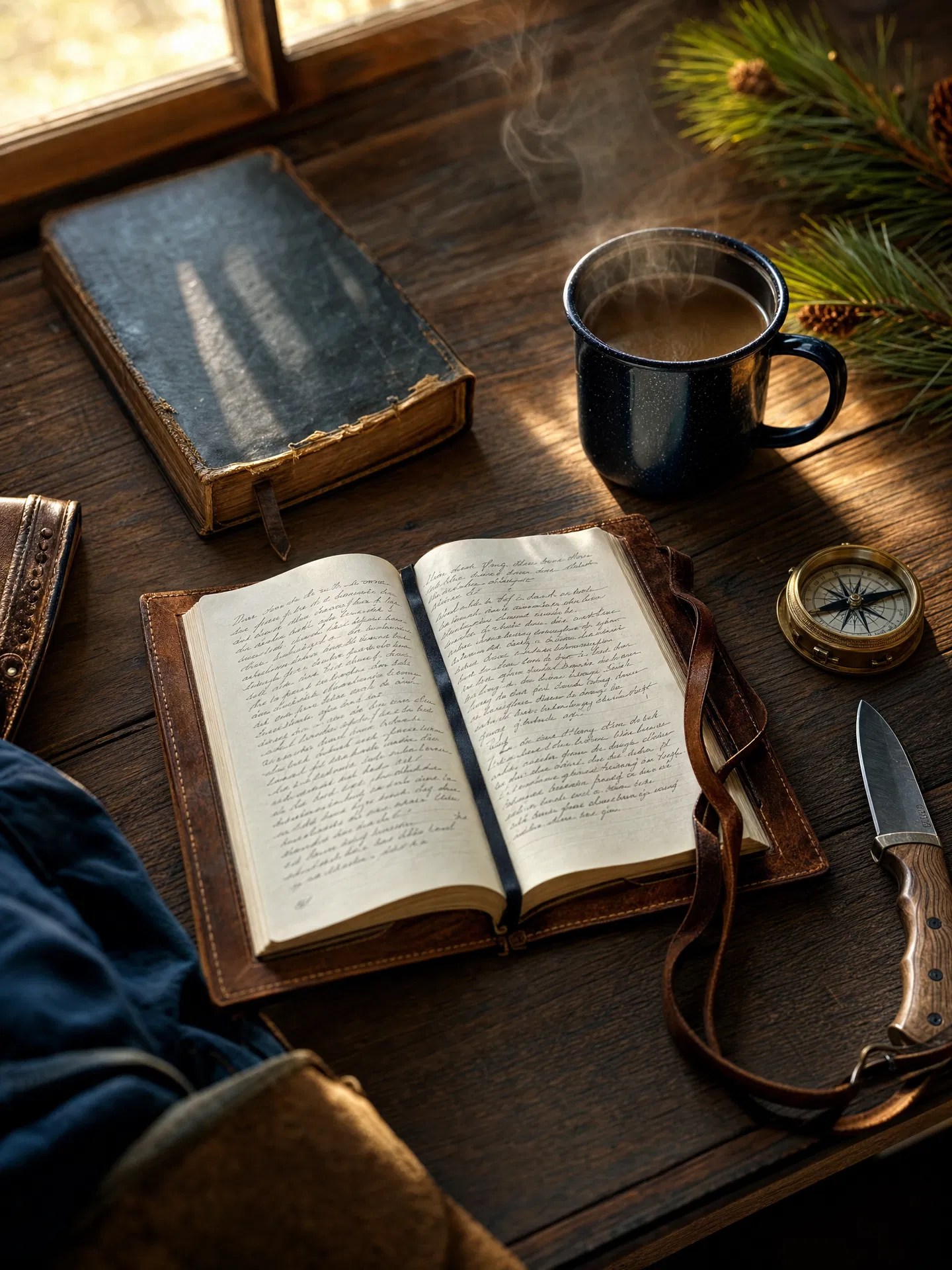 Devotional journal, Bible, and coffee on a rustic wooden table