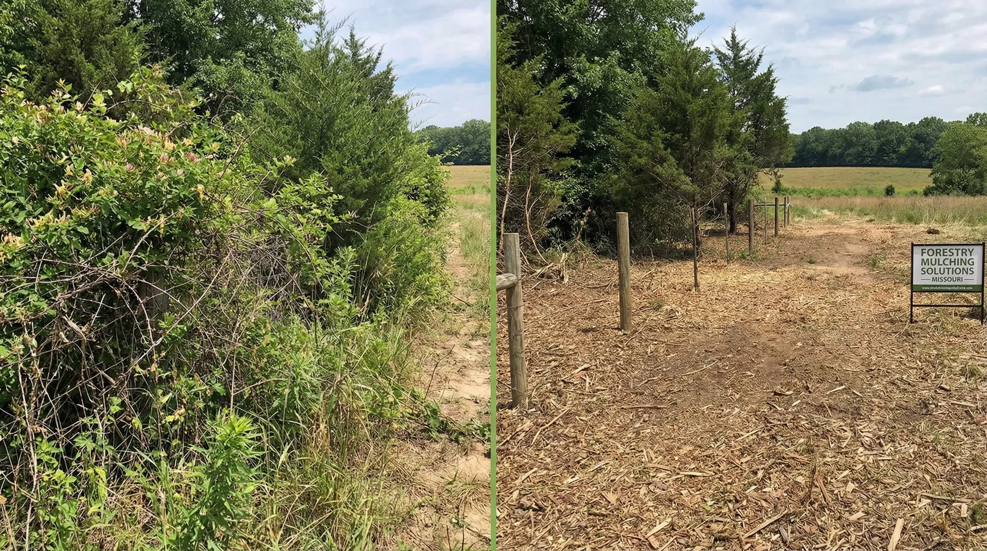 Before and after forestry mulching land clearing in Western Missouri