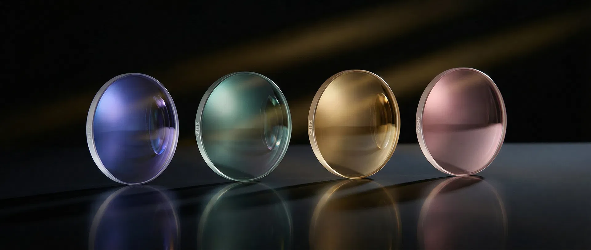 Four AURA coating tiers showcased — each lens with its signature residual reflection color