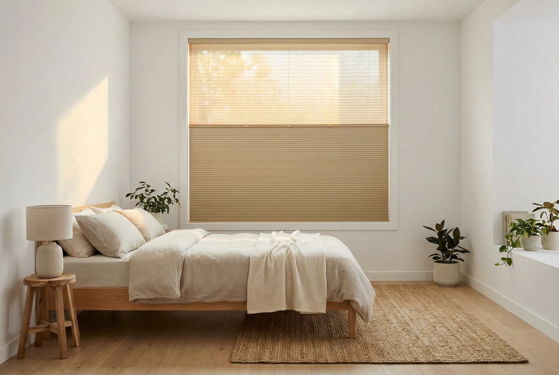 Step 3: Finished no-drill honeycomb blind installation in modern bedroom — 10 second setup