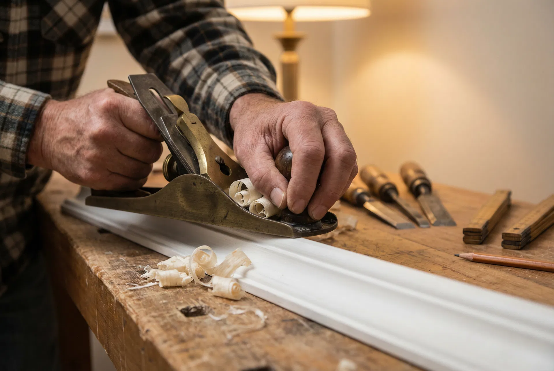 Master craftsman working on detailed wood trim