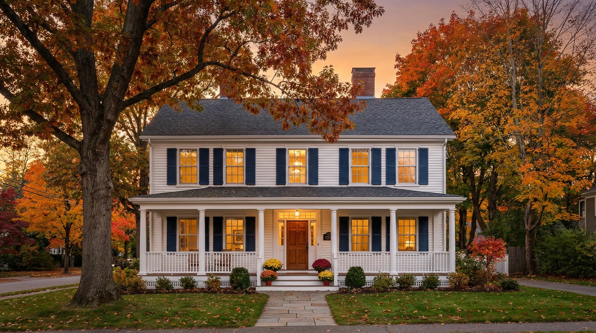 Classic New England colonial home at golden hour