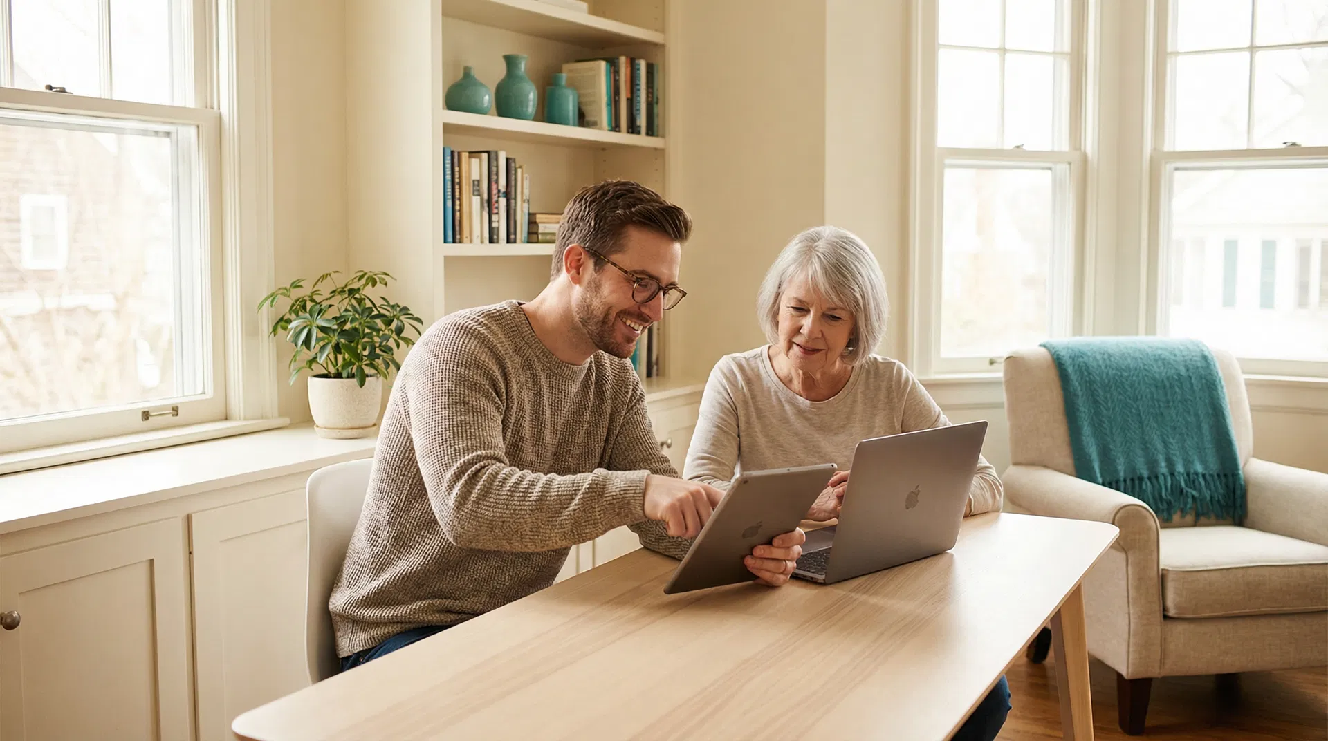 Chris helping a client with technology