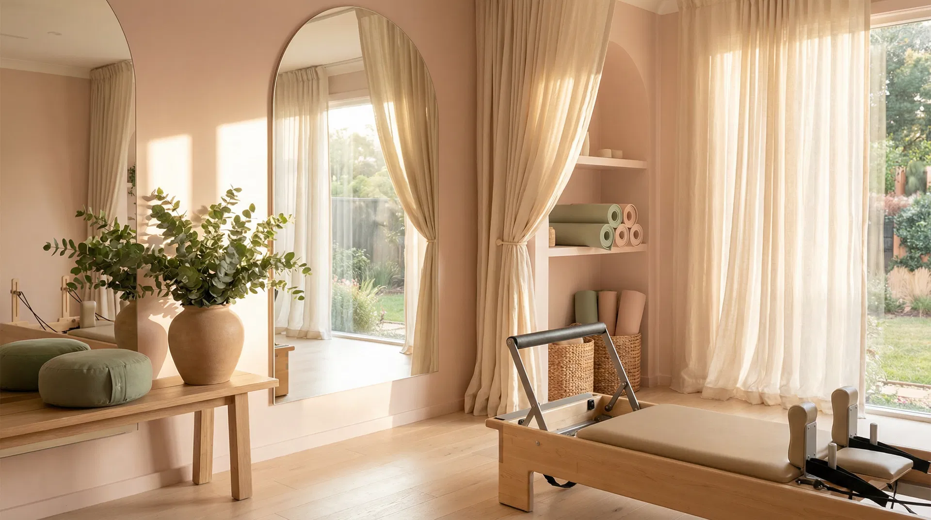 Beautiful Pilates studio with arched mirrors and warm lighting