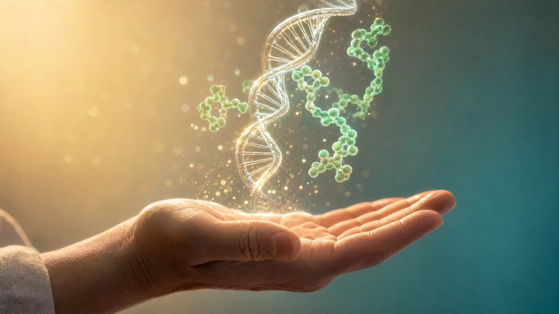 DNA double helix with GLP-1 molecular structure floating above an open hand, representing longevity and cellular renewal