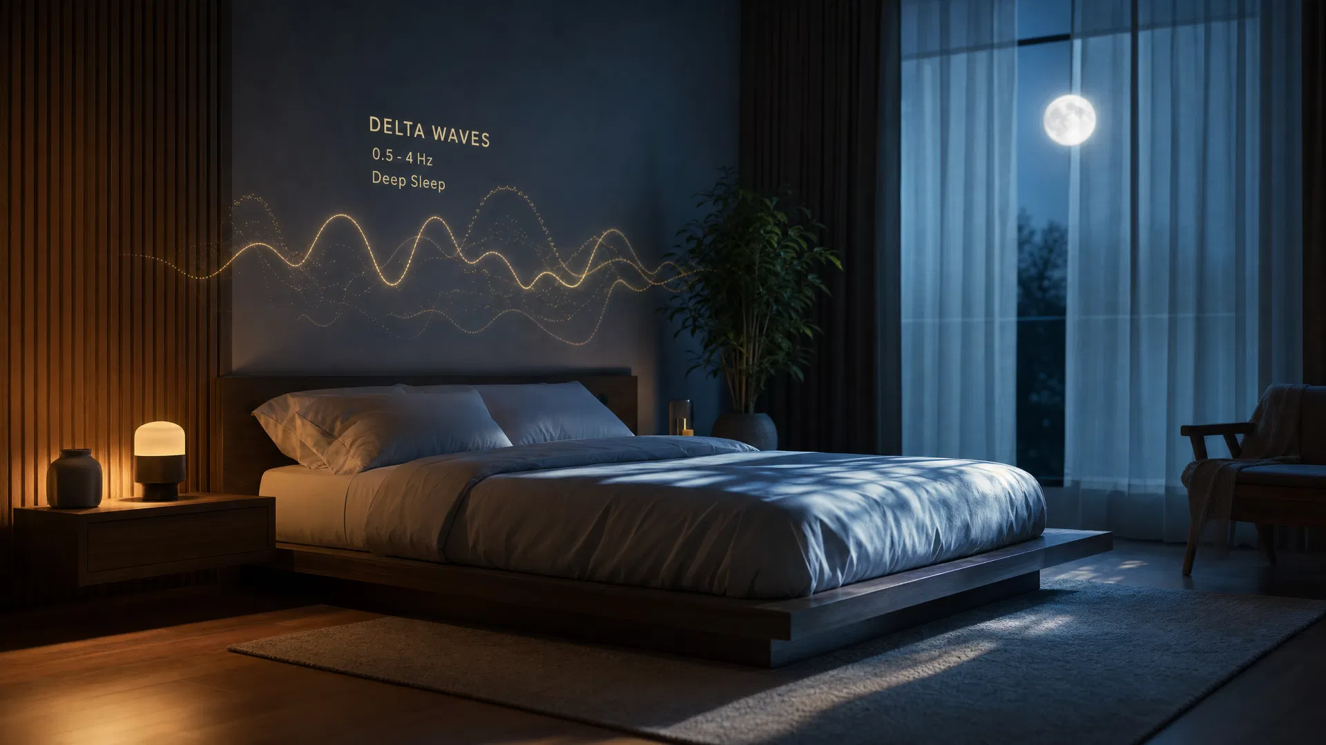 Peaceful bedroom at night with soft moonlight representing optimized sleep architecture