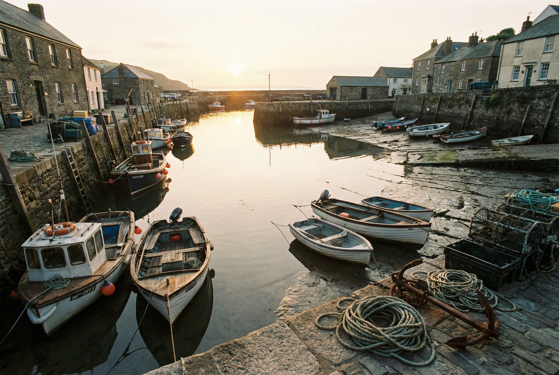 Harbour at dawn with boats moored at low tide