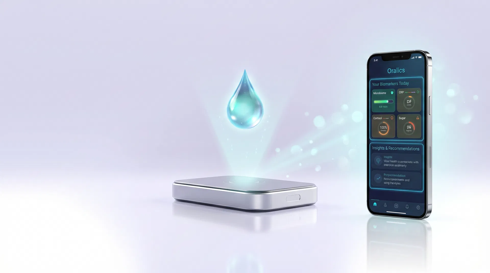 Oralics — saliva drop analyzed by portable sensor, insights delivered to phone