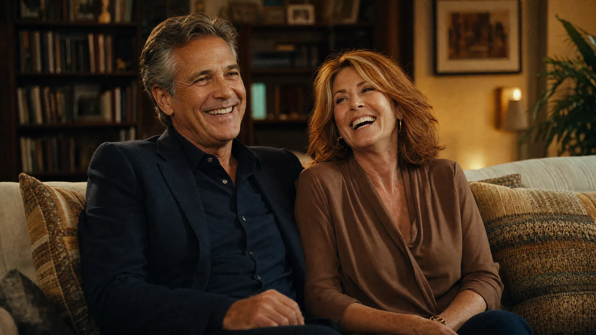 A vibrant couple in their early 60s sharing a laugh during their documentary interview