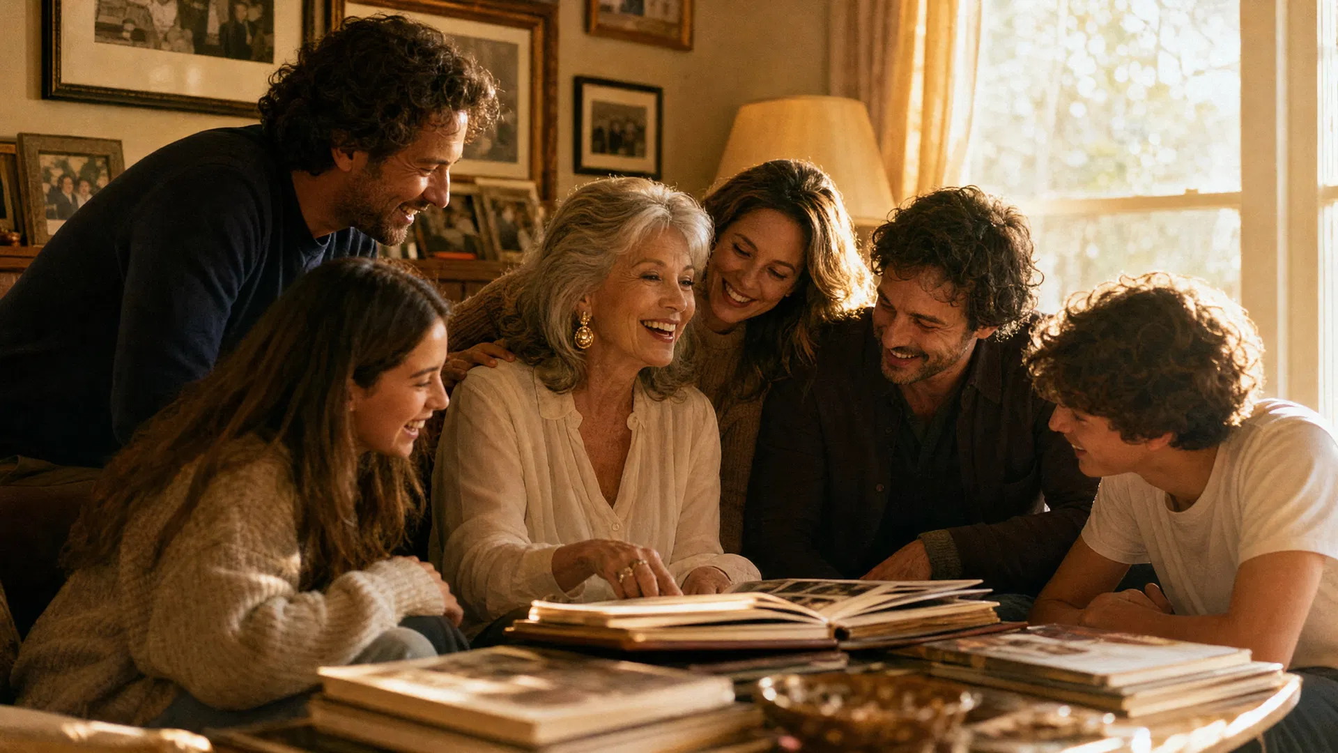 A vibrant woman in her 60s surrounded by her adult children and grandchildren, looking at family photo albums together