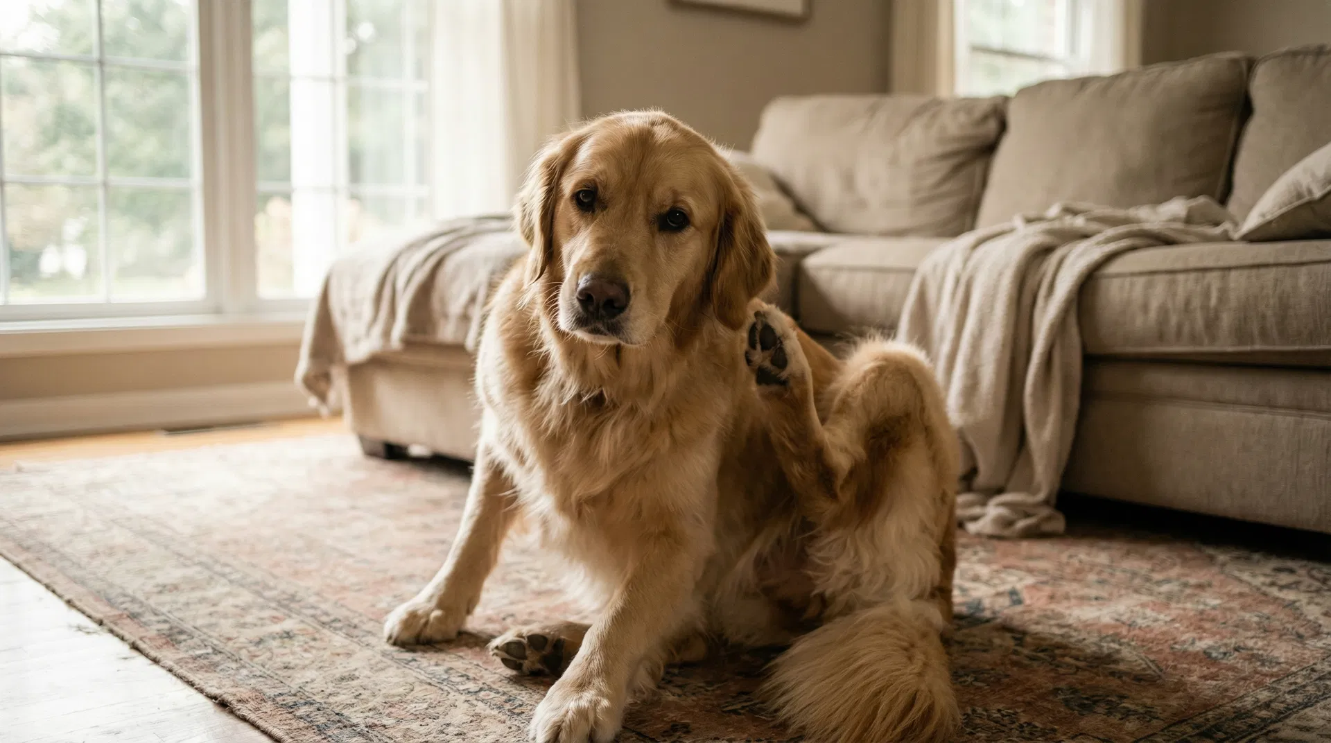 Un Golden Retriever qui se gratte dans un salon