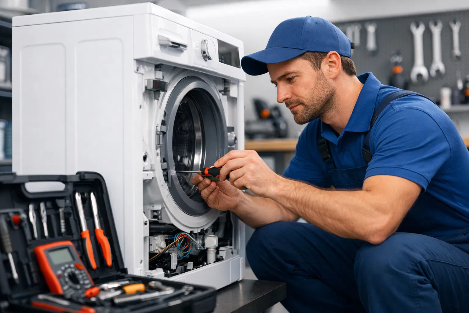 Técnico MedTec trabalhando em máquina de lavar