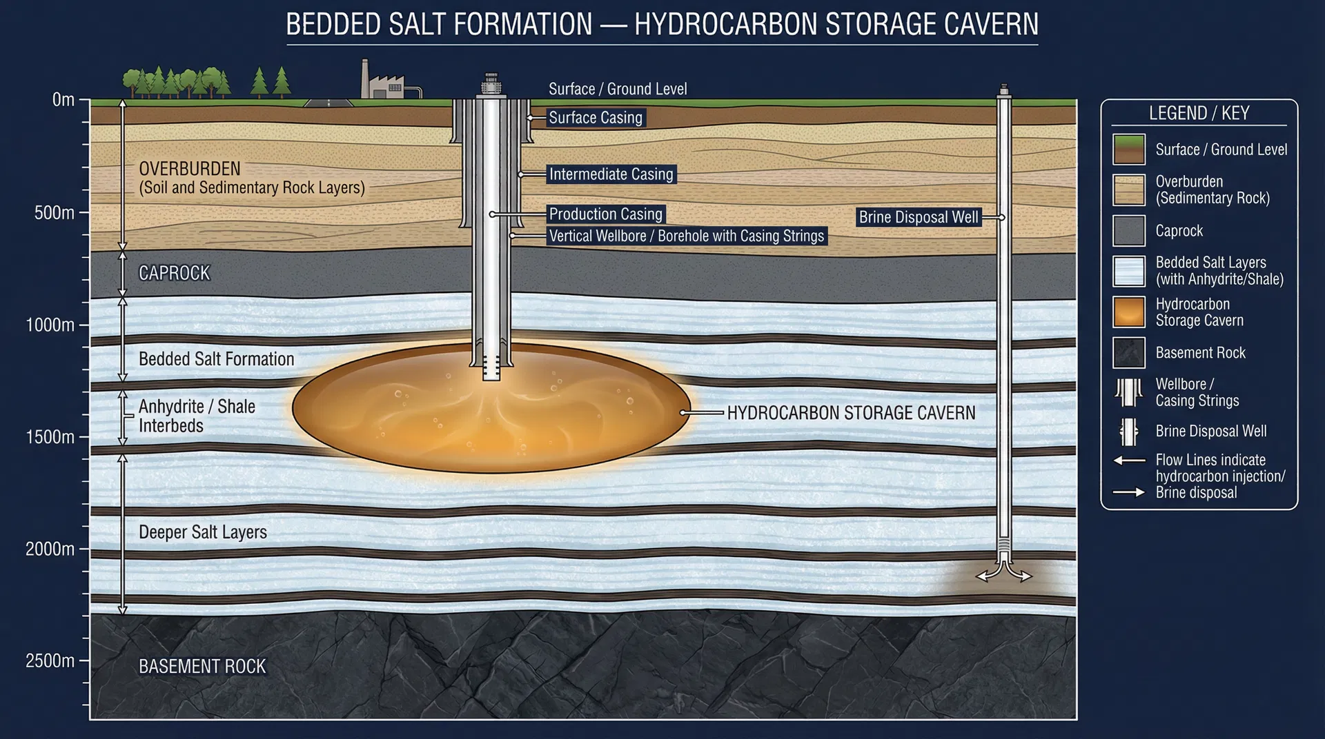 Bedded salt formation: hydrocarbon storage cavern cross-section