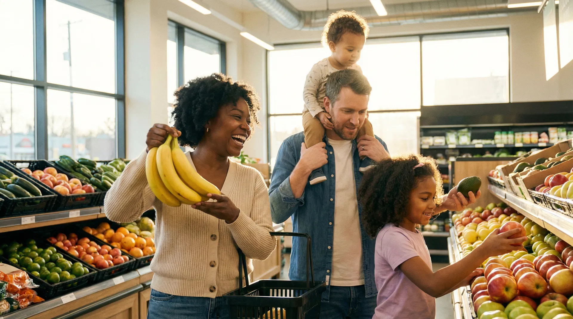 Happy family shopping at Mango Tree Super Market
