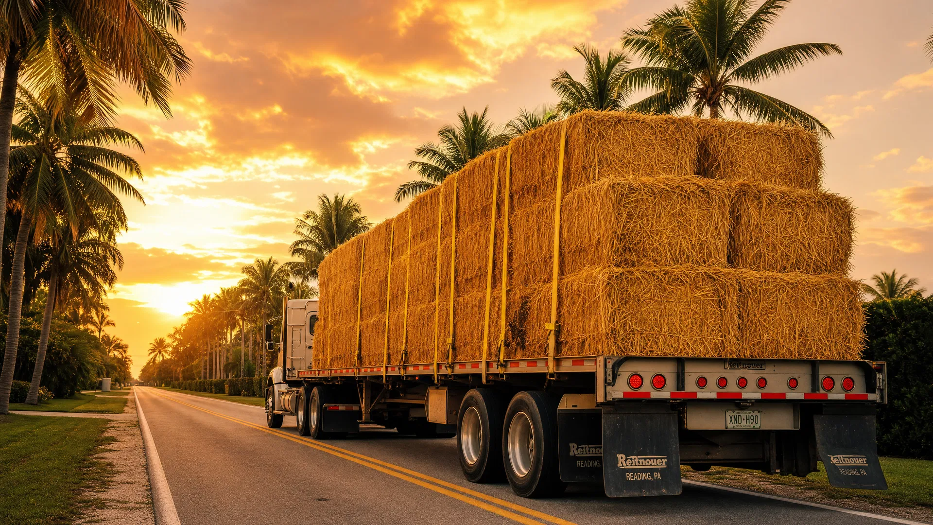 Hay delivery truck on South Florida palm-lined road at sunset