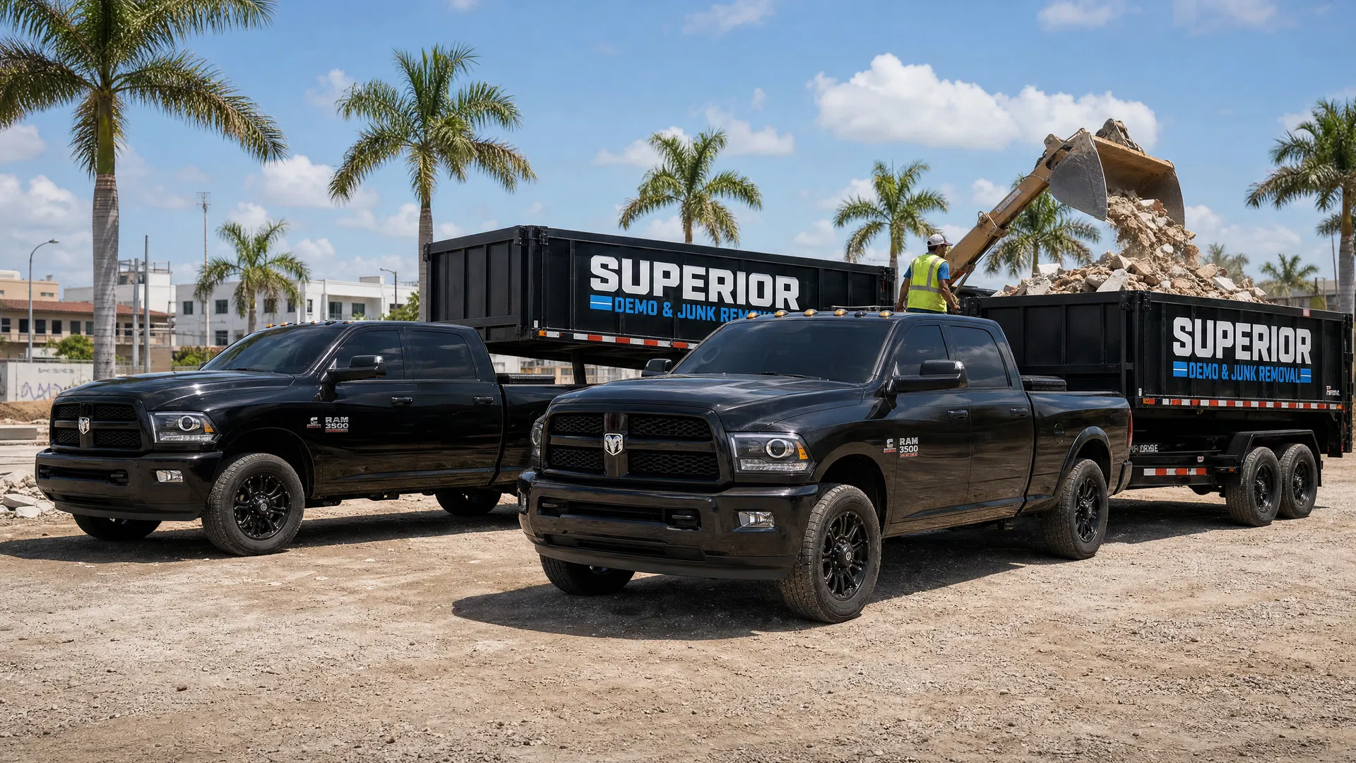 Superior Demo & Junk Removal black RAM 3500 truck fleet with dump trailers ready for contractor debris removal jobs in Broward County Florida
