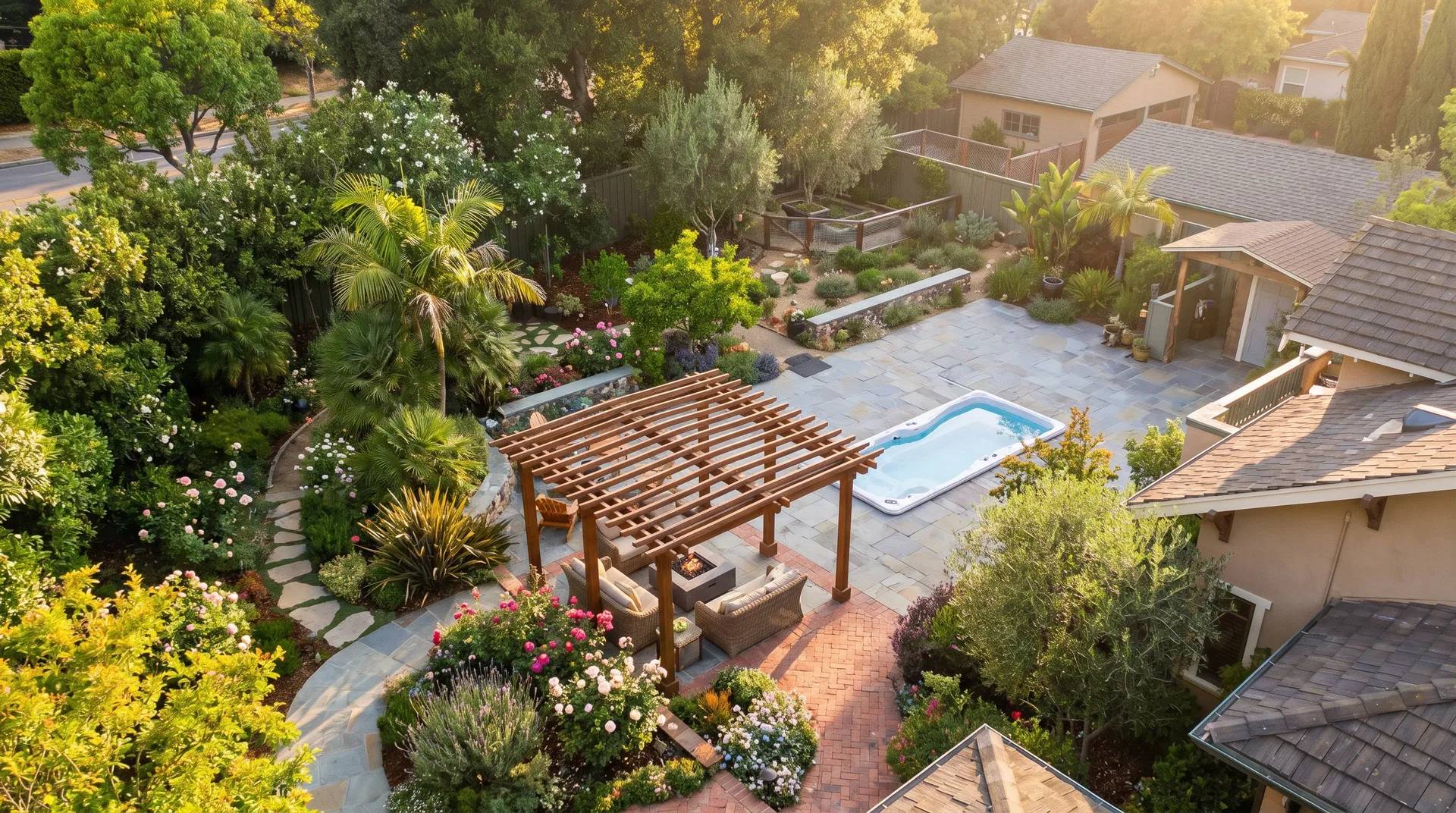 Aerial view of the curated estate gardens