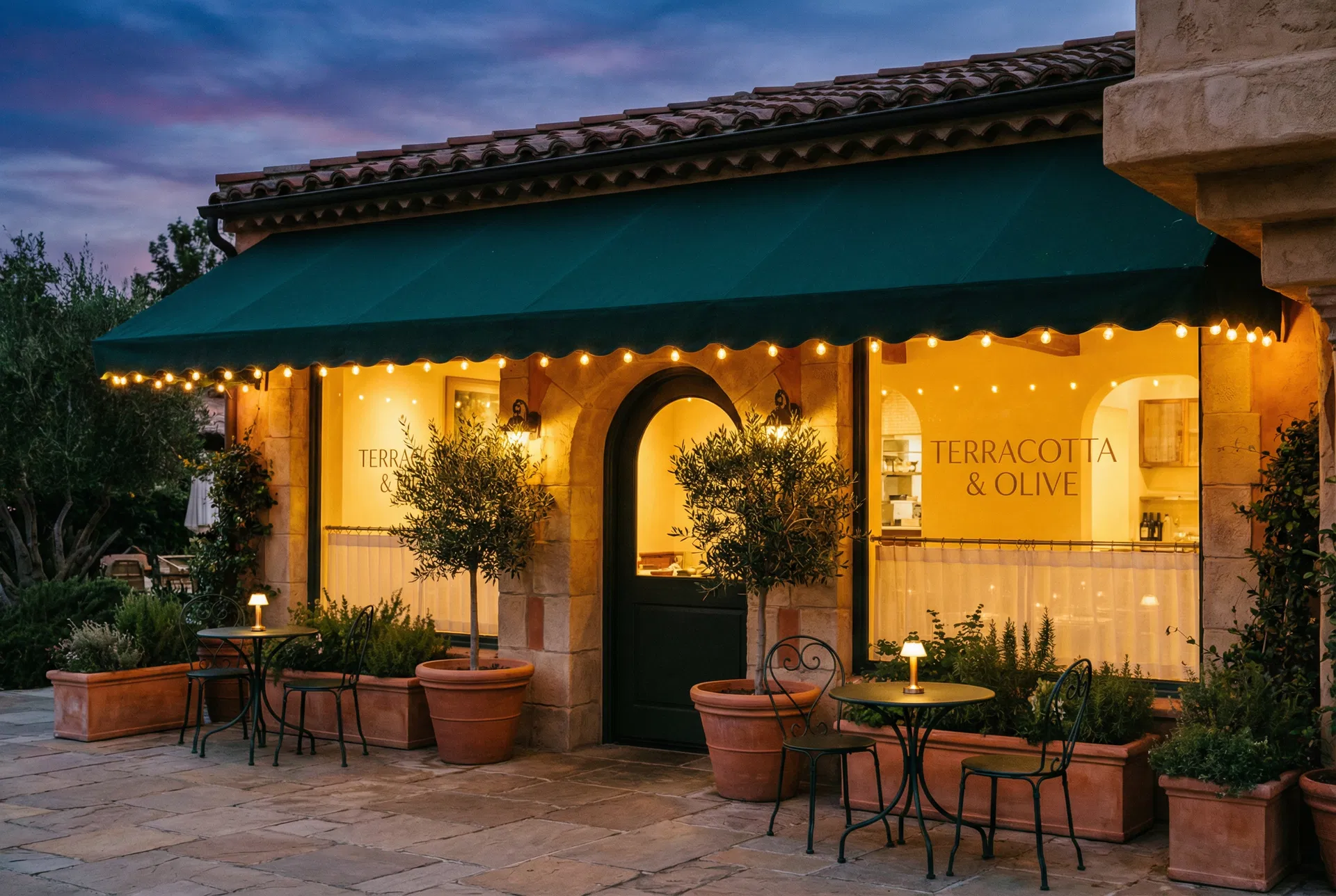 Restaurant exterior at dusk