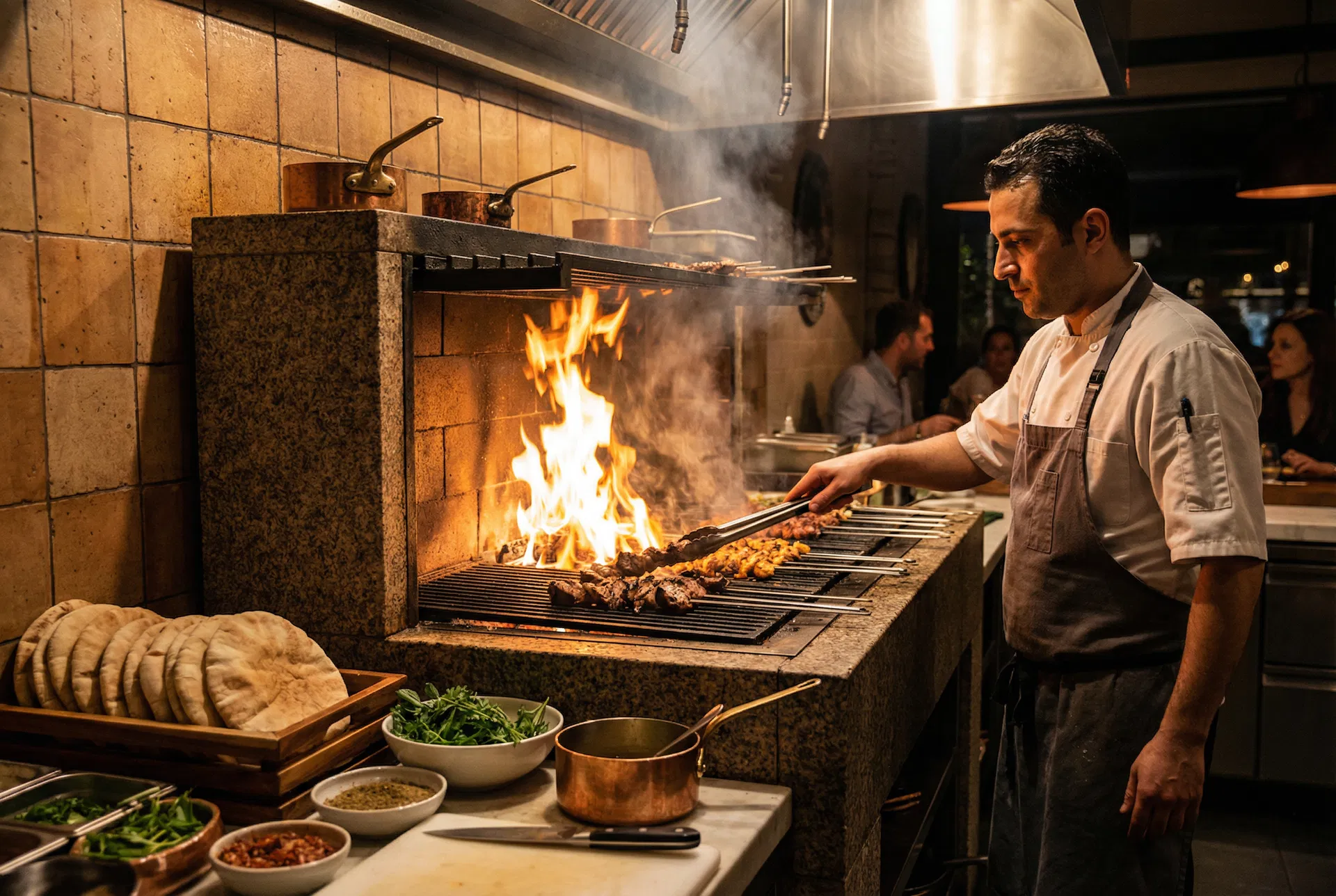 Chef grilling kebabs at Al-Noor