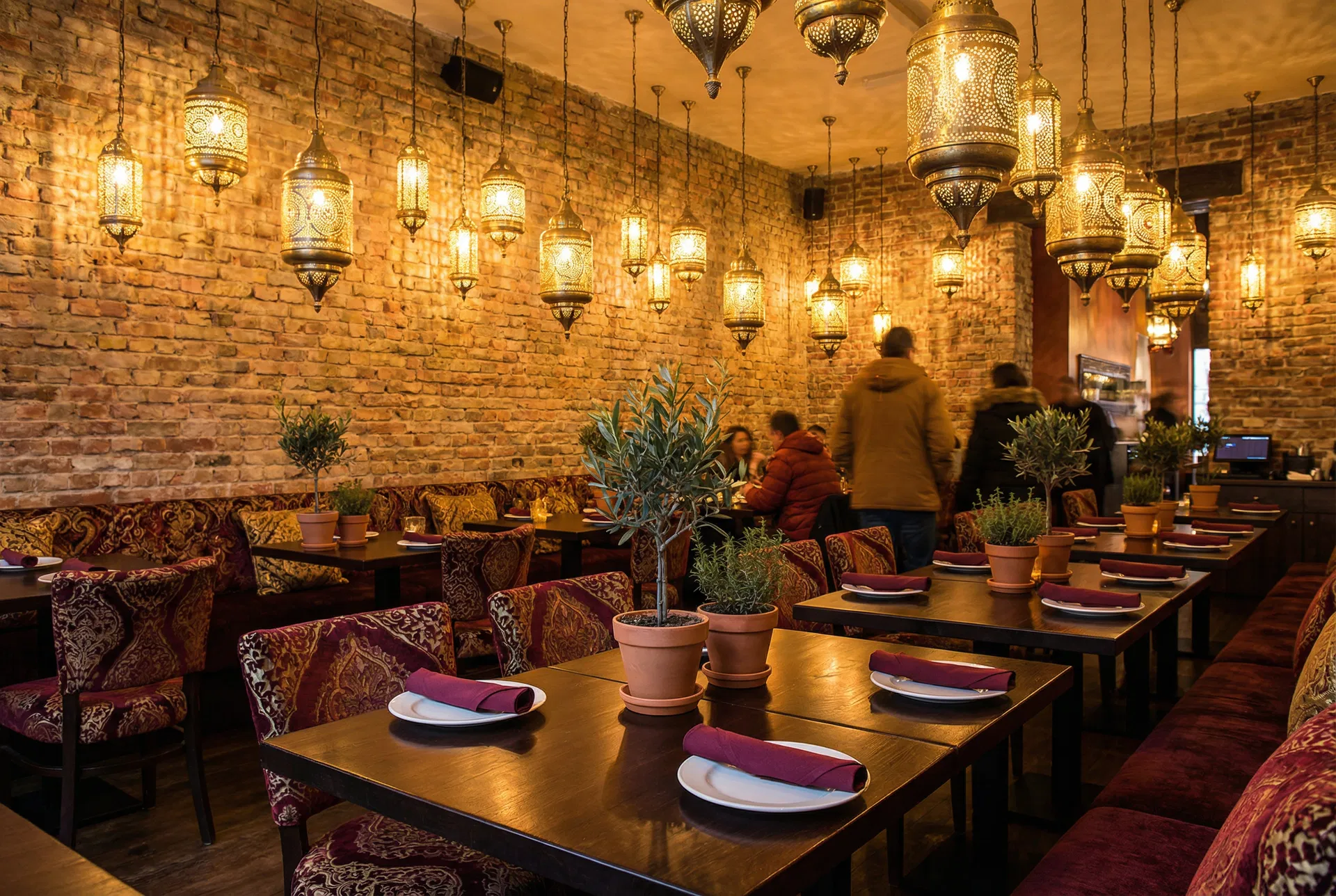 Restaurant interior with warm lighting