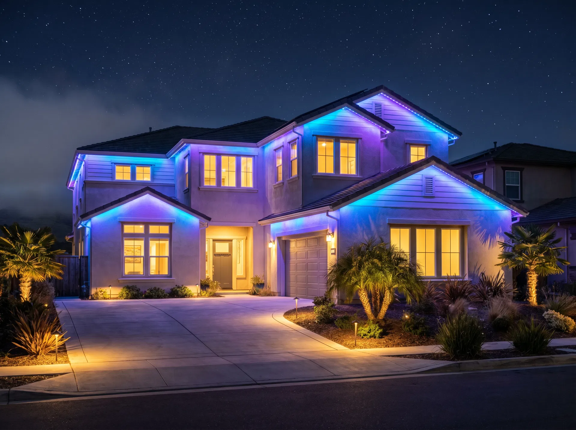 Two-story home with blue and purple LED roofline lighting at night