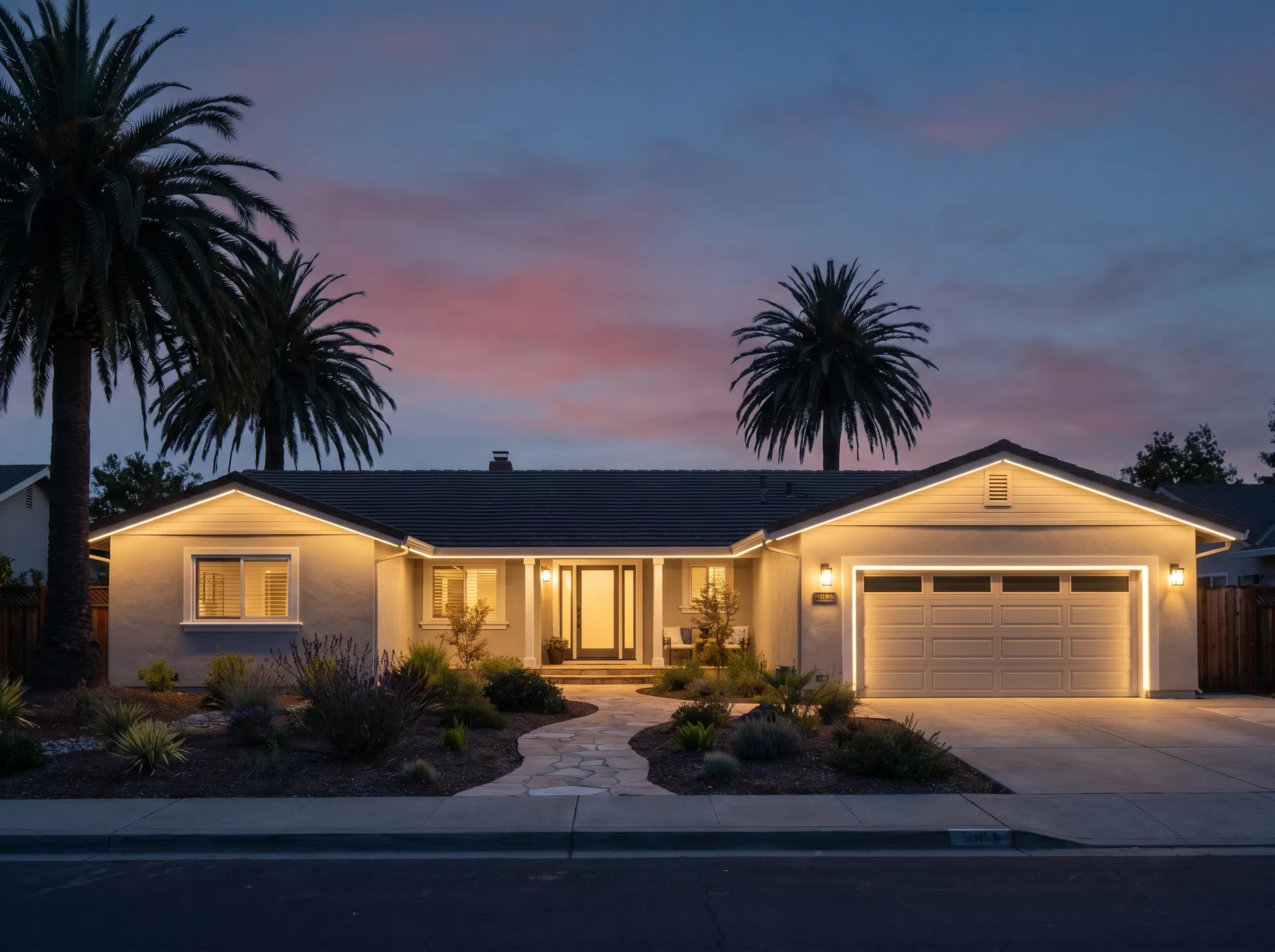 Ranch-style home with warm white LED roofline lighting at dusk