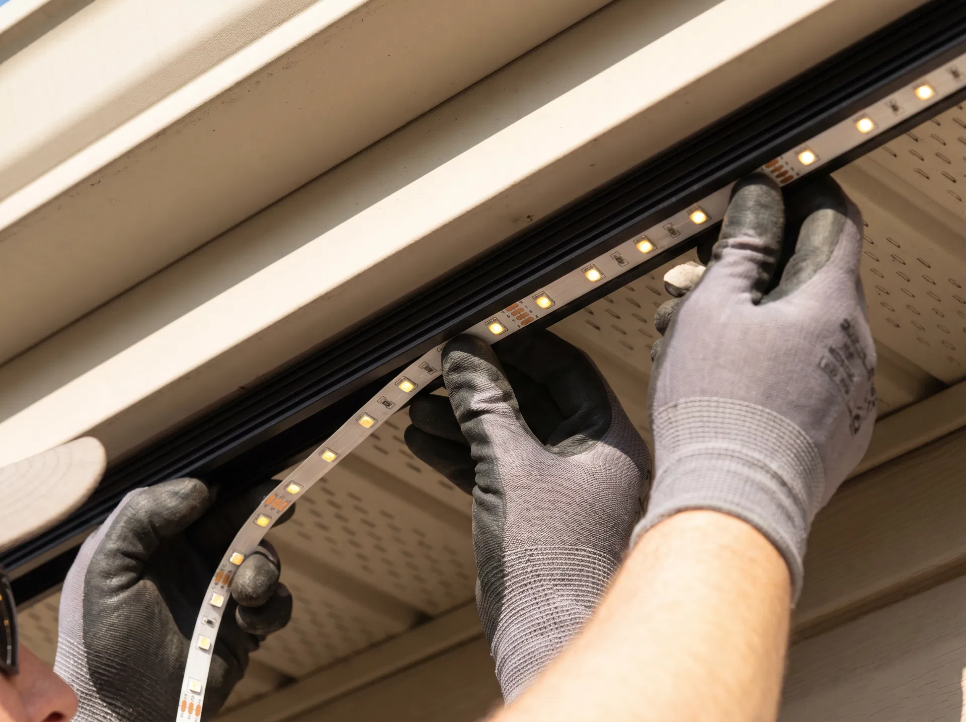 Close-up of professional LED strip installation on roofline