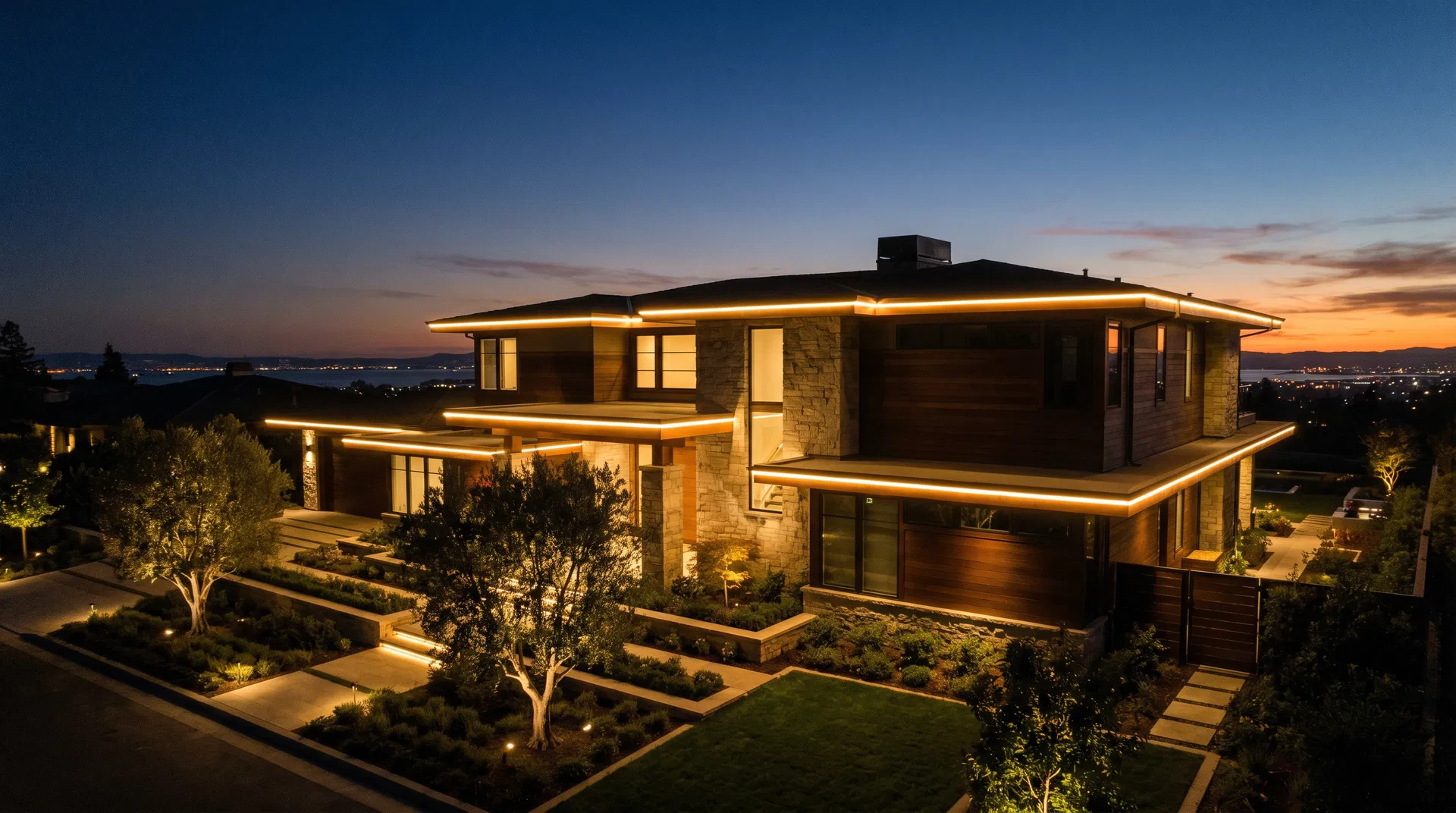 Luxury home with permanent LED lighting at twilight