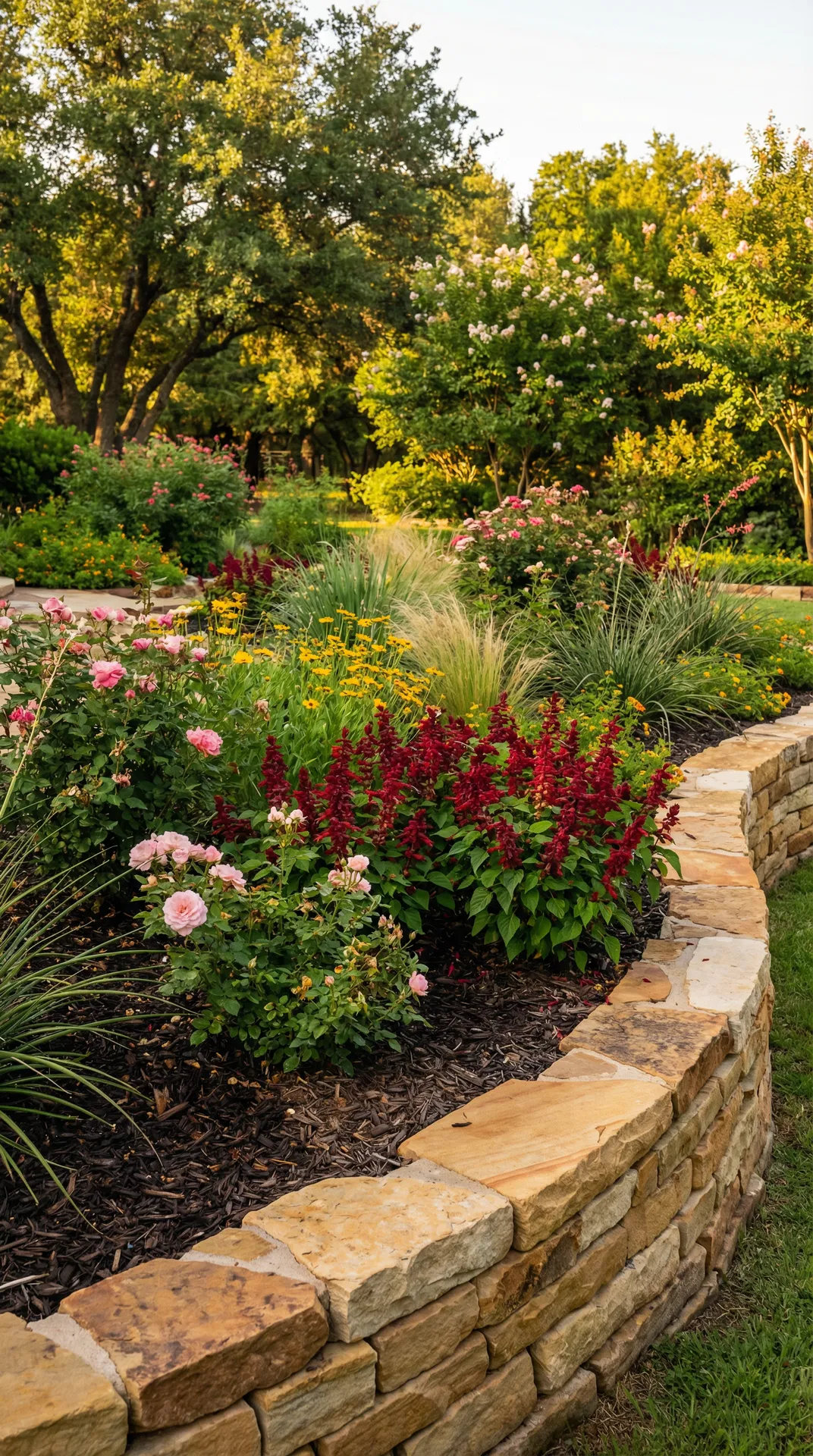 Professionally landscaped flowerbed with stone wall