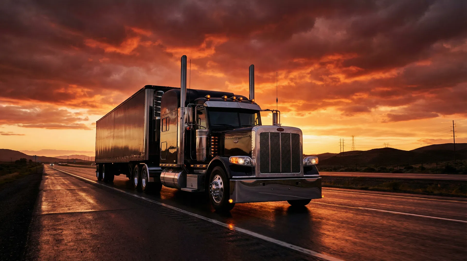 Semi truck on highway at sunset