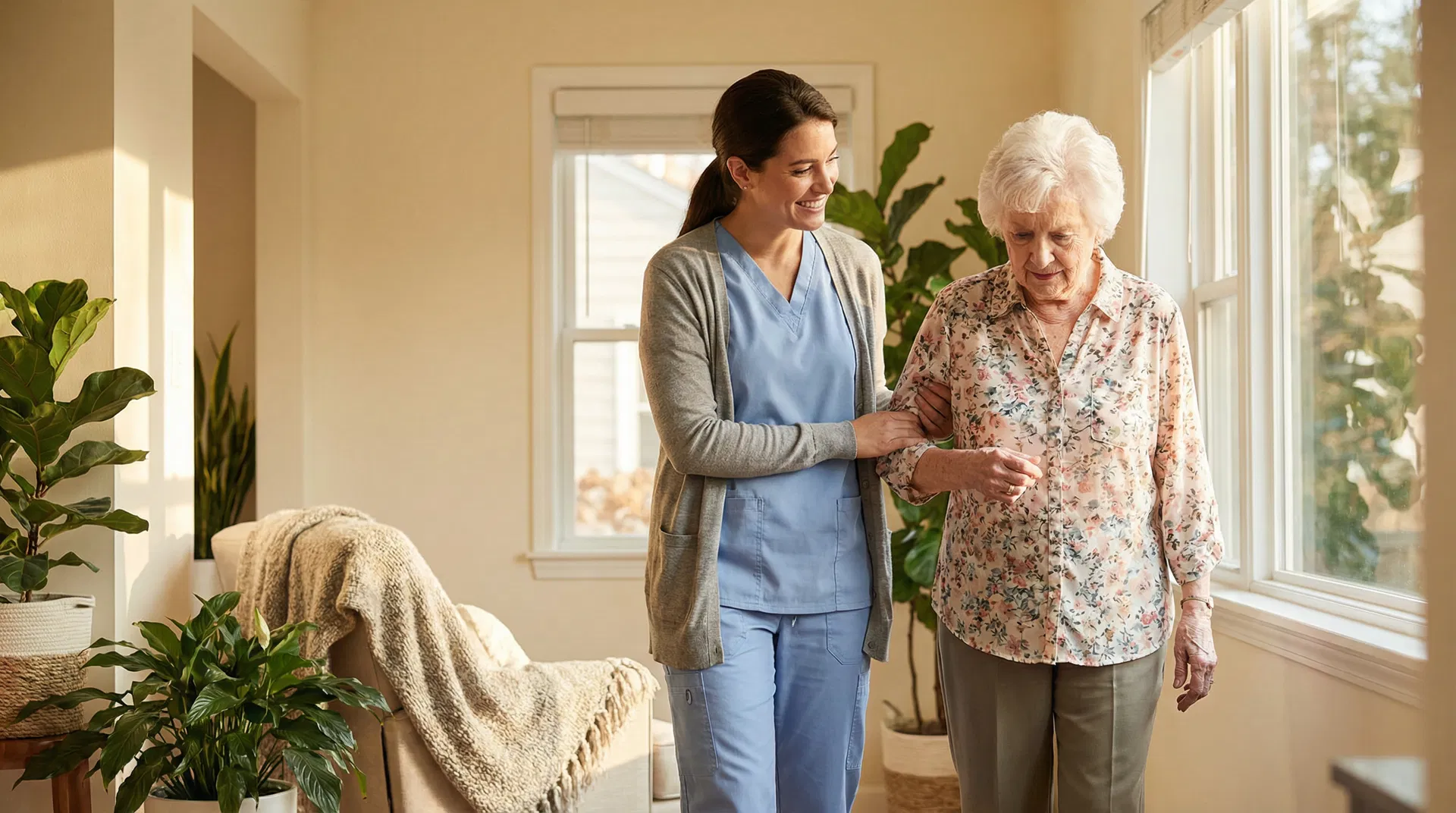 Compassionate caregiver assisting elderly woman