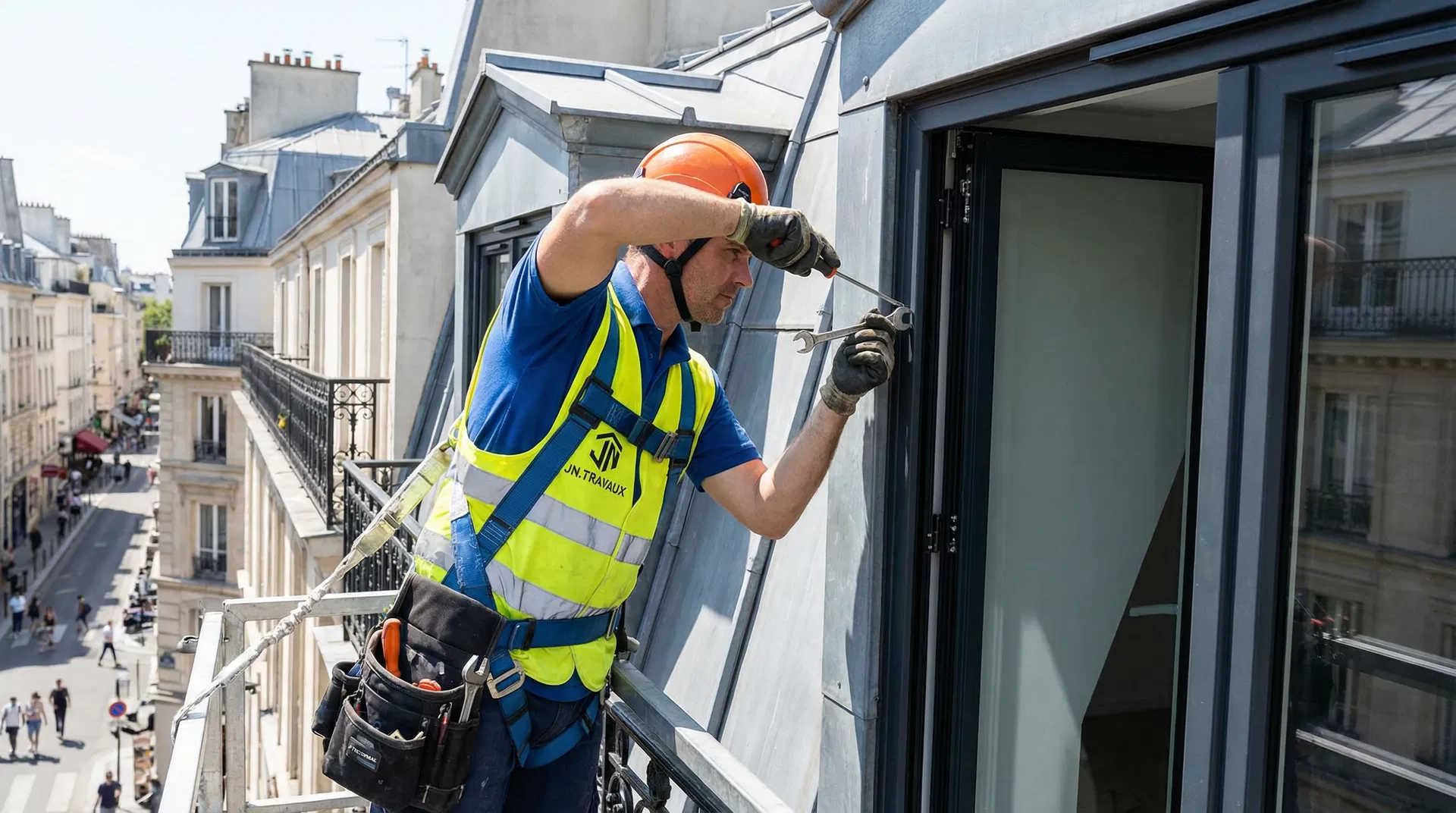 Technicien JN.TRAVAUX réparant une fenêtre Technal en Val-d'Oise