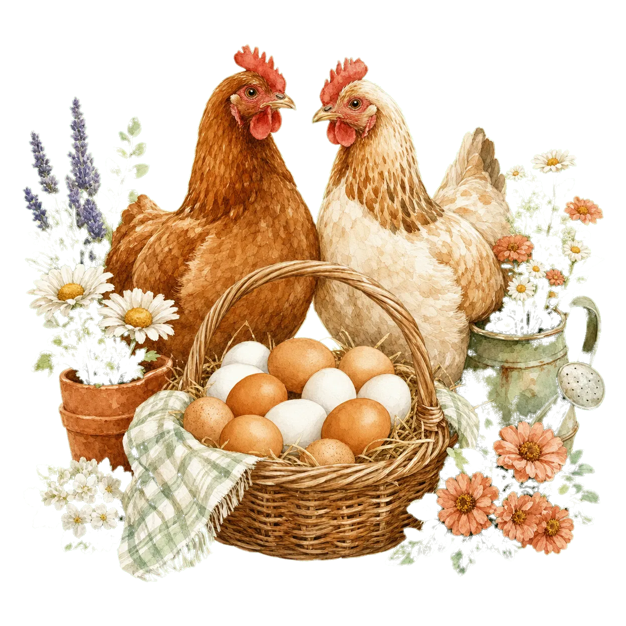 chickens watercolor illustration