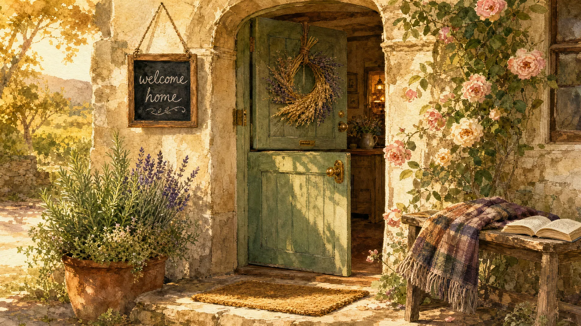 A welcoming sage farmhouse doorway, slightly ajar, with rosemary in a clay pot, climbing roses, a wool blanket, and a chalkboard sign that reads 'welcome home.'